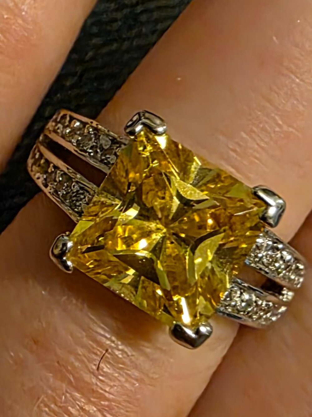 Silver Tone Yellow CZ Princess Cut Statement Cocktail Ring Size 7